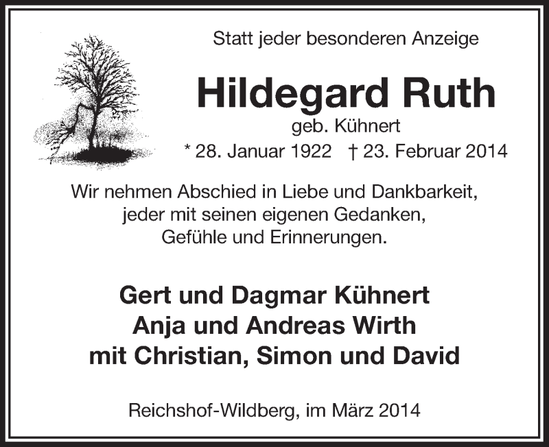 Traueranzeige für Hildegard Ruth vom 05.03.2014 aus  Lokalanzeiger 