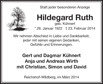 Anzeige von Hildegard Ruth von  Lokalanzeiger 