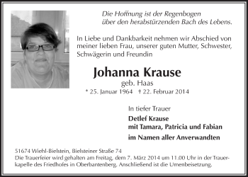 Anzeige von Johanna Krause von  Anzeigen Echo 