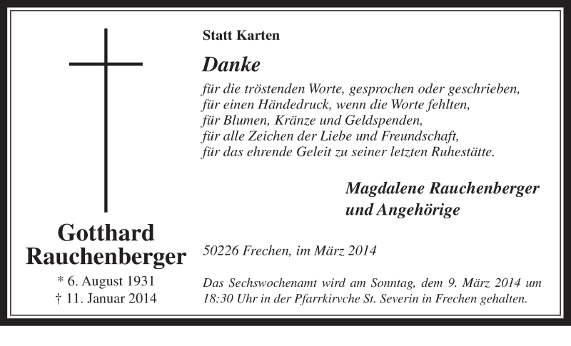  Traueranzeige für Gotthard Rauchenberger vom 05.03.2014 aus  Wochenende 
