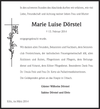 Anzeige von Marie Luise Dörstel von  Kölner Wochenspiegel 