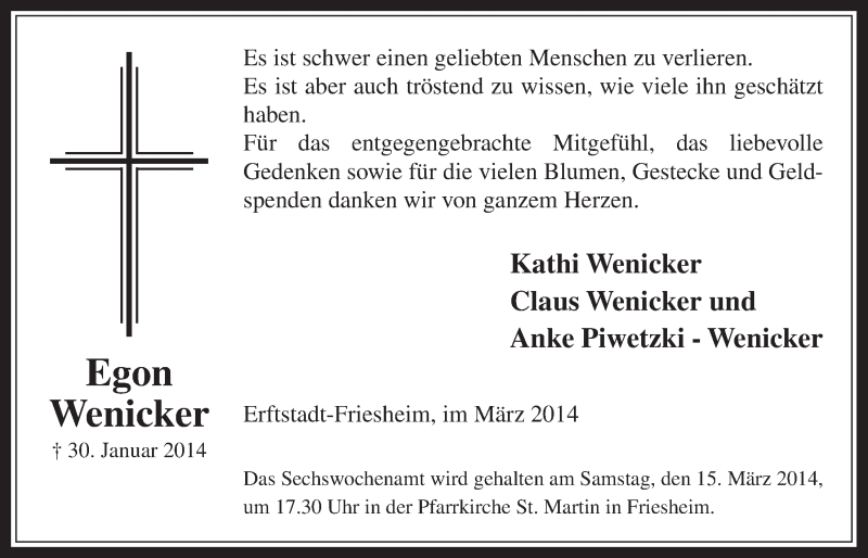  Traueranzeige für Egon Wenicker vom 05.03.2014 aus  Werbepost 
