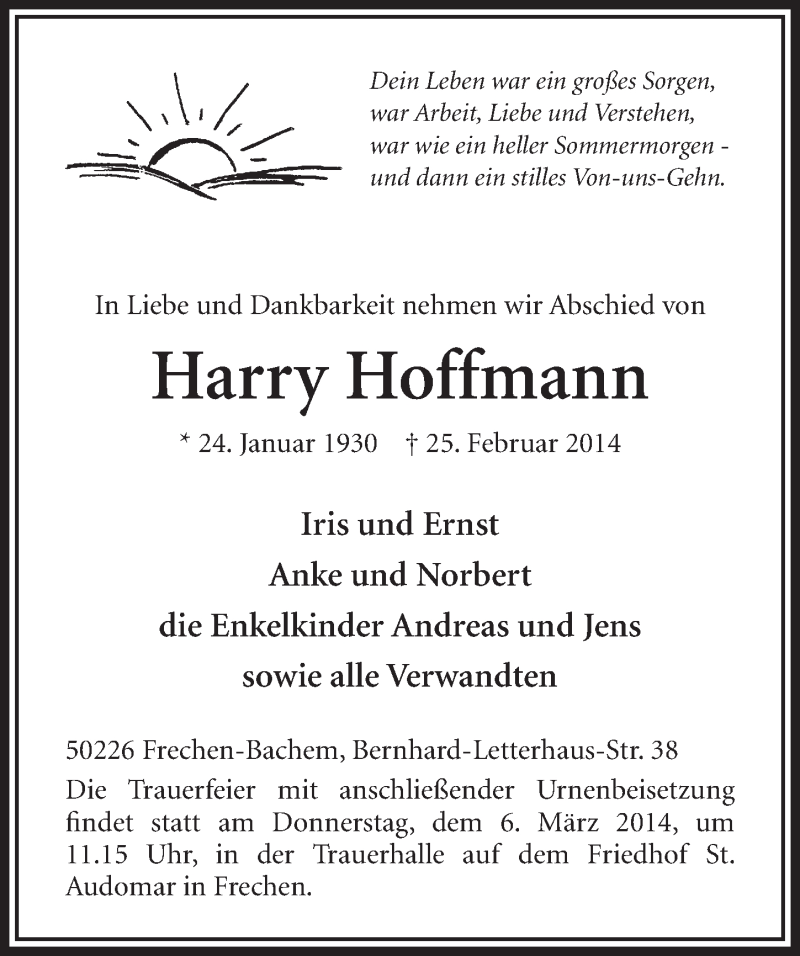  Traueranzeige für Harry Hoffmann vom 01.03.2014 aus  Sonntags-Post 