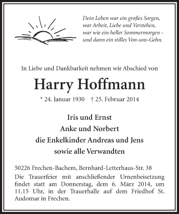 Anzeige von Harry Hoffmann von  Sonntags-Post 