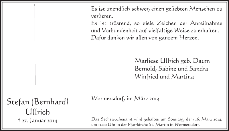  Traueranzeige für Stefan Ullrich vom 05.03.2014 aus  Schaufenster/Blickpunkt 