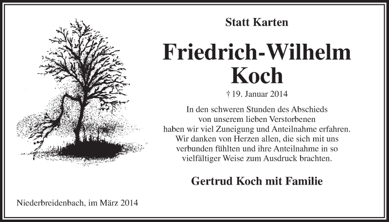  Traueranzeige für Friedrich-Wilhelm Koch vom 05.03.2014 aus  Lokalanzeiger 