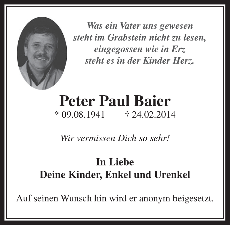  Traueranzeige für Peter Paul Baier vom 05.03.2014 aus  Wochenende  Werbepost 