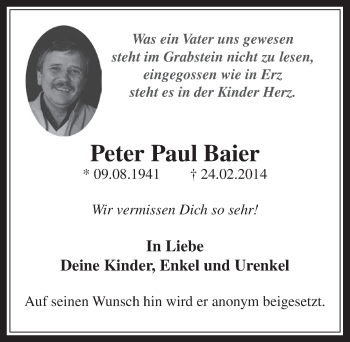 Anzeige von Peter Paul Baier von  Wochenende  Werbepost 