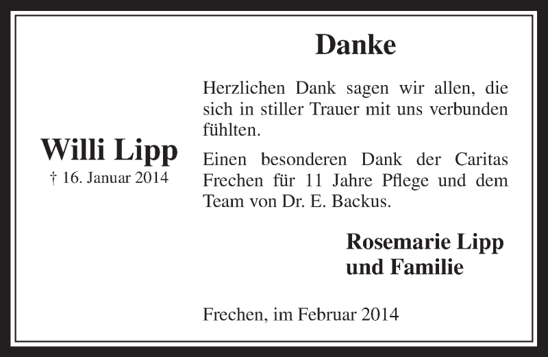  Traueranzeige für Willi Lipp vom 05.03.2014 aus  Wochenende 