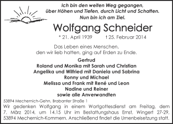 Anzeige von Wolfgang Schneider von  Blickpunkt Euskirchen 