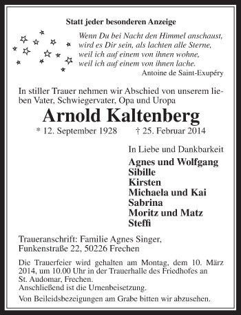 Anzeige von Arnold Kaltenberg von  Wochenende 
