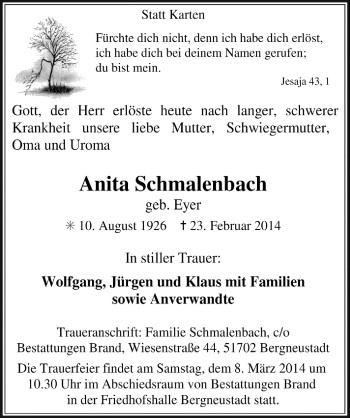 Anzeige von Anita Schmalenbach von  Anzeigen Echo 