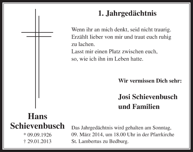 Traueranzeige für Hans Schievenbusch vom 05.03.2014 aus  Werbepost 