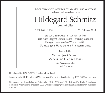 Anzeige von Hildegard Schmitz von  Wochenende 