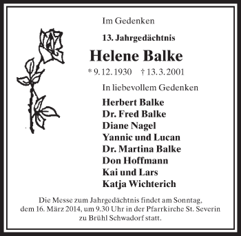 Anzeige von Helene Balke von  Schlossbote/Werbekurier 