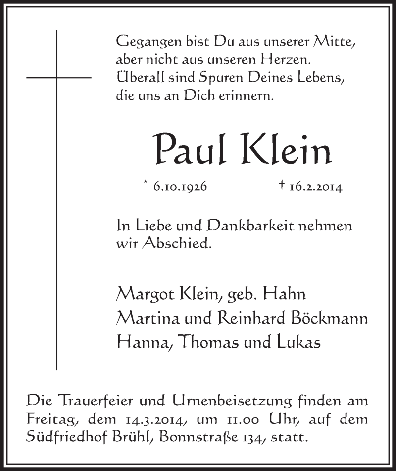 Traueranzeige für Paul Klein vom 05.03.2014 aus  Schlossbote/Werbekurier 