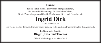 Anzeige von Ingrid Dick von  Anzeigen Echo 