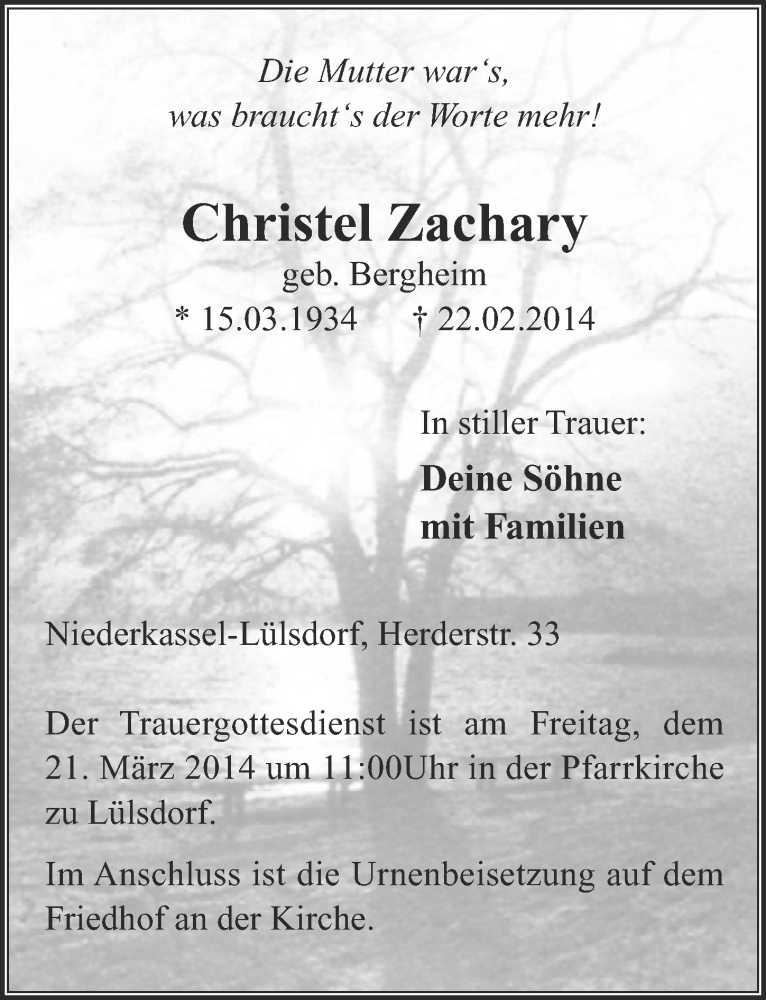  Traueranzeige für Christel Zachary vom 12.03.2014 aus  Extra Blatt 