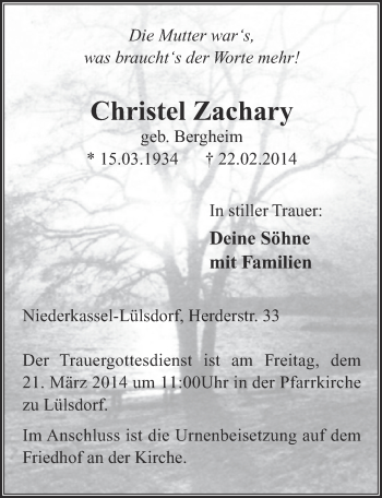 Anzeige von Christel Zachary von  Extra Blatt 