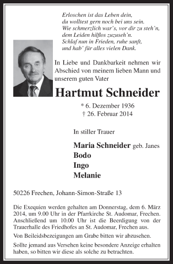 Anzeige von Hartmut Schneider von  Wochenende 