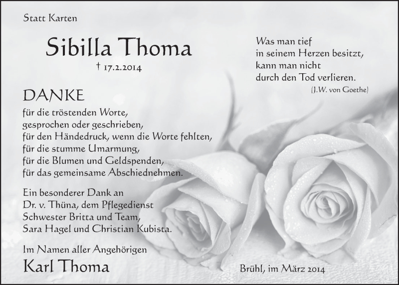  Traueranzeige für Sibilla Thoma vom 05.03.2014 aus  Schlossbote/Werbekurier 