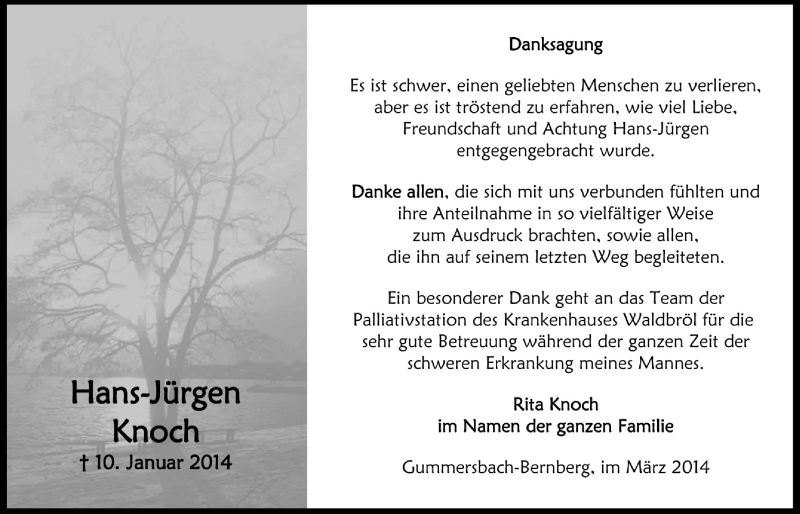  Traueranzeige für Hans-Jürgen Knoch vom 05.03.2014 aus  Anzeigen Echo 