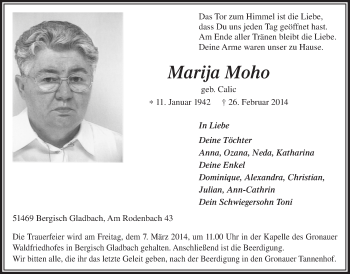 Anzeige von Marija Moho von  Bergisches Handelsblatt 
