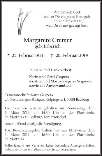 Anzeige von Margarete Cremer von  Werbepost 