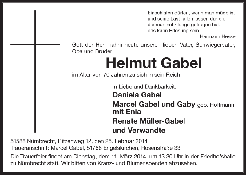  Traueranzeige für Helmut Gabel vom 05.03.2014 aus  Lokalanzeiger 