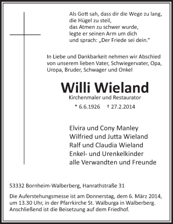Anzeige von Willi Wieland von  Schlossbote/Werbekurier 