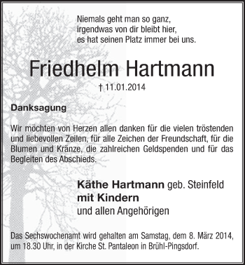 Anzeige von Friedhelm Hartmann von  Schlossbote/Werbekurier 