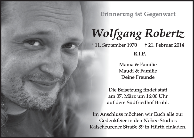  Traueranzeige für Wolfgang Roberiz vom 05.03.2014 aus  Schlossbote/Werbekurier 