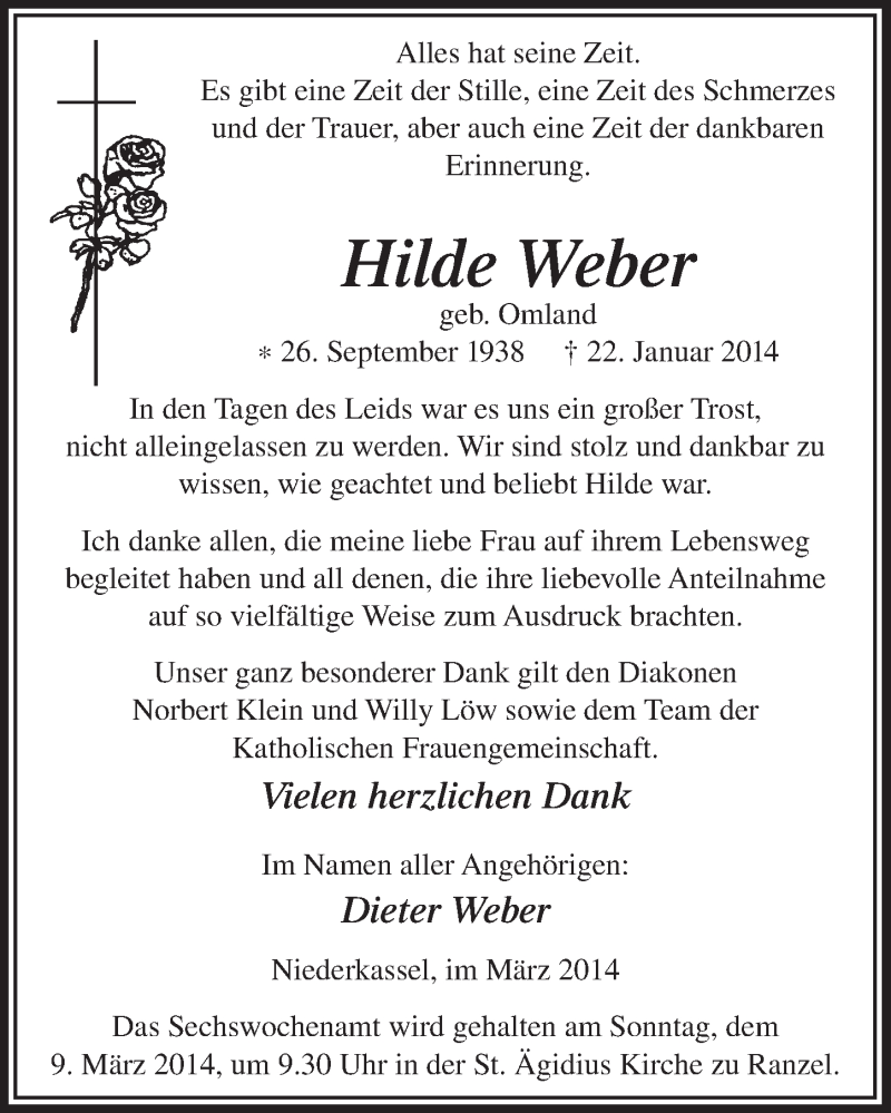  Traueranzeige für Hilde Weber vom 05.03.2014 aus  Extra Blatt 