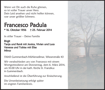 Anzeige von Francesco Padula von  Anzeigen Echo 