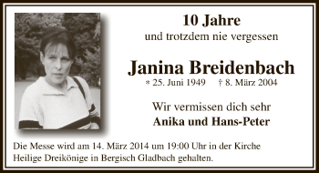 Anzeige von Janina Breidenbach von  Bergisches Handelsblatt 