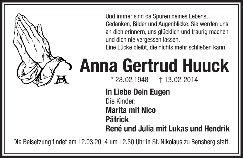  Traueranzeige für Anna Gertrud Huuck vom 05.03.2014 aus  Bergisches Handelsblatt 