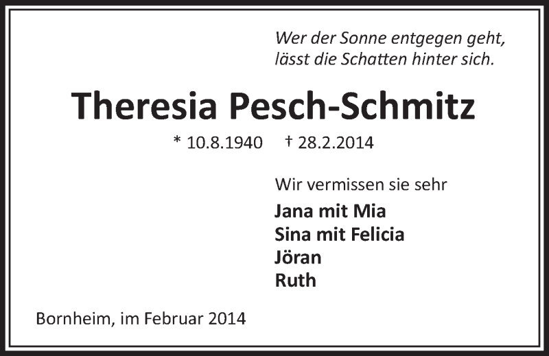  Traueranzeige für Theresia Pesch-Schmitz vom 05.03.2014 aus  Schlossbote/Werbekurier 