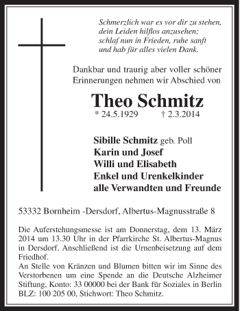 Anzeige von Theo Schmitz von  Schaufenster/Blickpunkt 