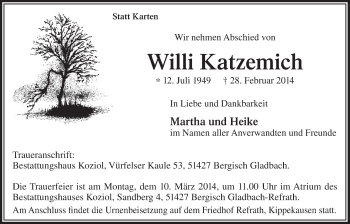 Anzeige von Willi Katzemich von  Bergisches Handelsblatt 