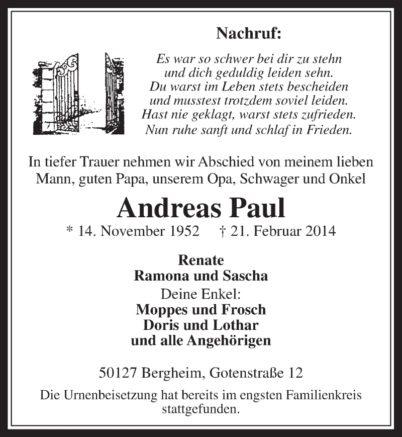  Traueranzeige für Andreas Paul vom 12.03.2014 aus  Werbepost 