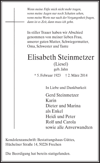 Anzeige von Elisabeth Steinmetzer von  Sonntags-Post 