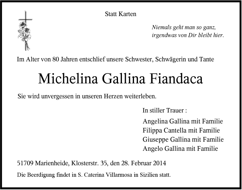  Traueranzeige für Michelina Gallina Fiandaca vom 05.03.2014 aus  Anzeigen Echo 