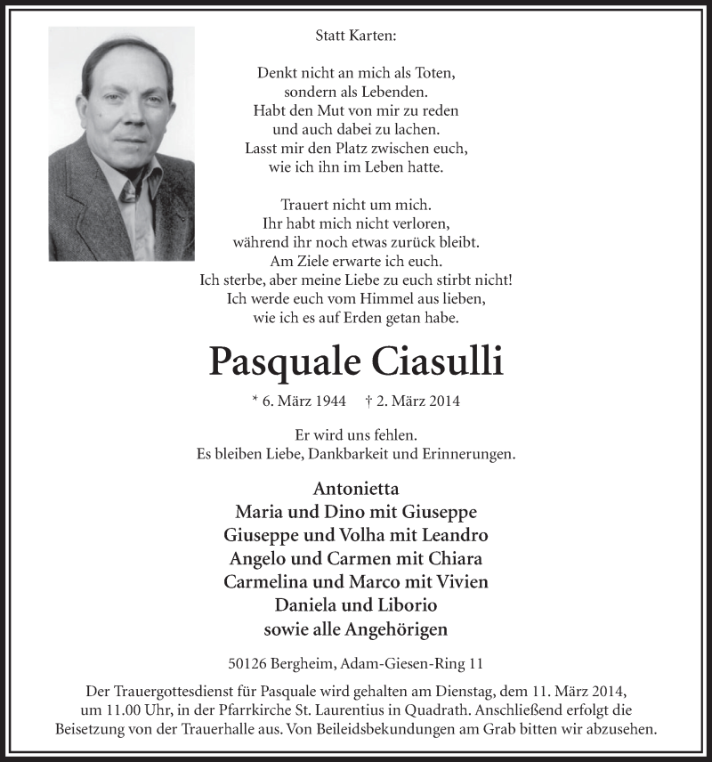  Traueranzeige für Pasquale Ciasulli vom 08.03.2014 aus  Sonntags-Post 