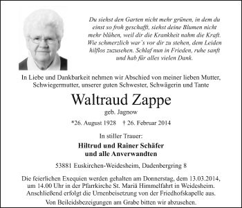 Anzeige von Waltraud Zappe von  Blickpunkt Euskirchen 