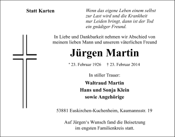 Anzeige von Jürgen Martin von  Blickpunkt Euskirchen 