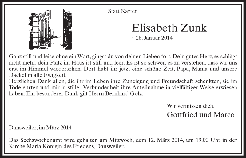  Traueranzeige für Elisabeth Zunk vom 08.03.2014 aus  Sonntags-Post 