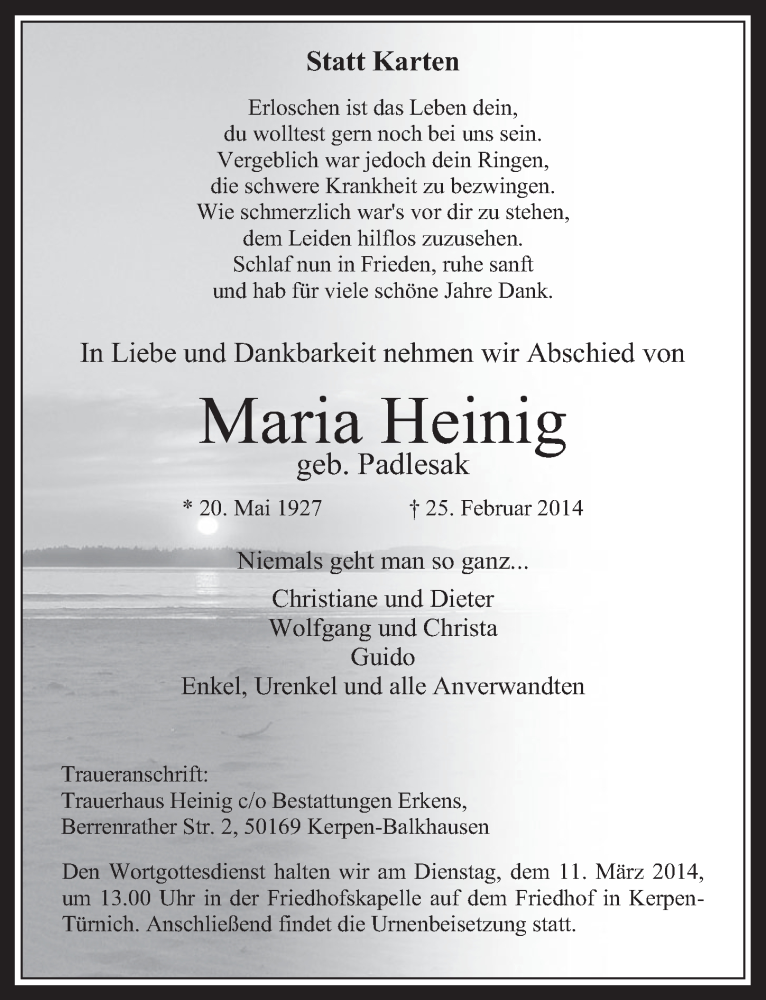  Traueranzeige für Maria Heinig vom 08.03.2014 aus  Sonntags-Post 