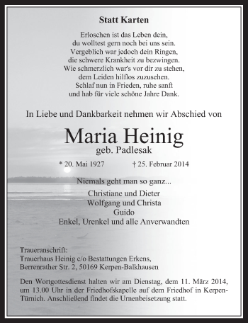 Anzeige von Maria Heinig von  Sonntags-Post 