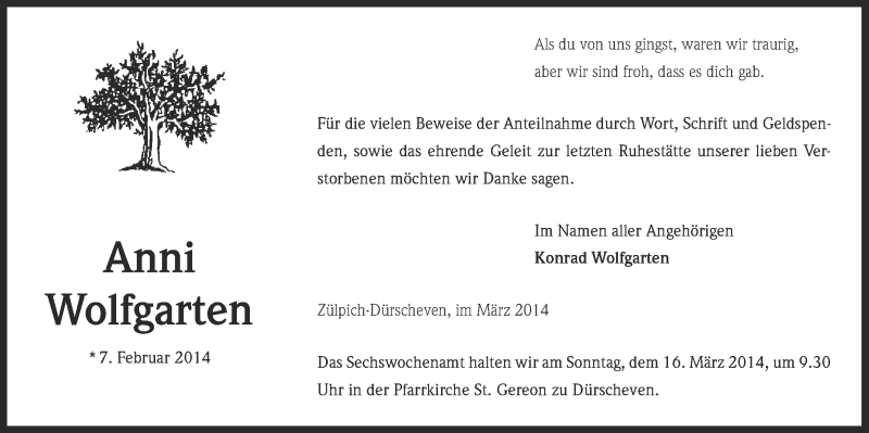  Traueranzeige für Anni Wolfgarten vom 09.03.2014 aus  Blickpunkt Euskirchen 