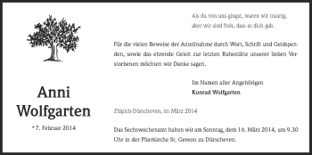 Anzeige von Anni Wolfgarten von  Blickpunkt Euskirchen 